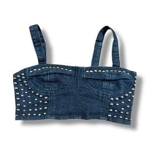 Forever 21 Studded Denim Crop Top Bustier Style Zip Back Size M Rocker Edgy Punk
